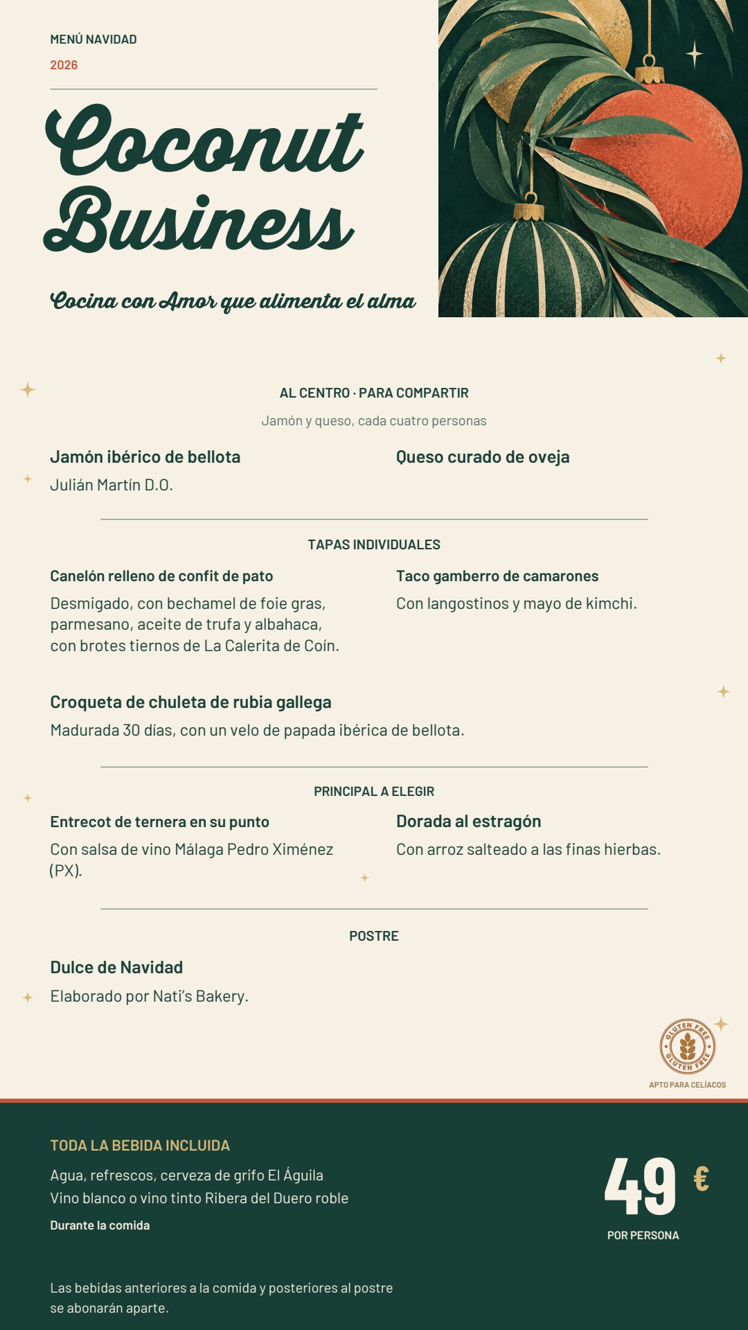 Menú Coconut Business, 49 euros por persona
